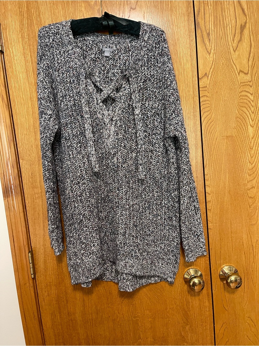 aerie Gray Marled Lace-Up V-Neck Sweater